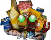 A Selection of juice, yoghurt, potato crisps, snacks and a magazine - click to enlarge